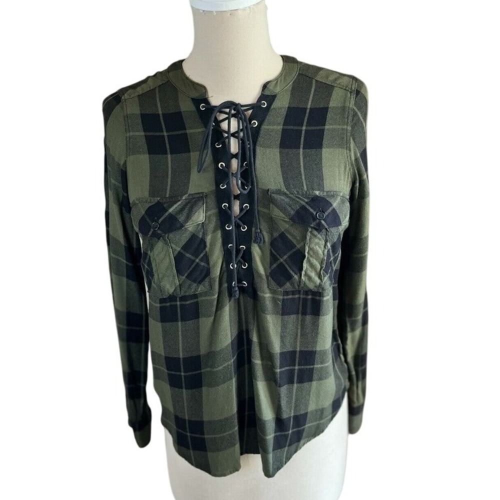 Express Plaid Lace-Up Steam Punk Top‎ Long Sleeve Green Black Flannel Shirt XS